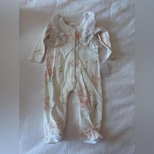 Floral Ruffle-Trim Footed One-Piece - Cream